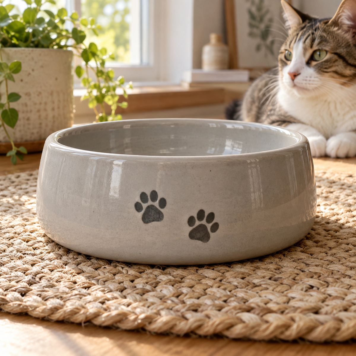 Pebble Paws Ceramic Cat Bowl with decorative pet motifs; AI-generated design illustration