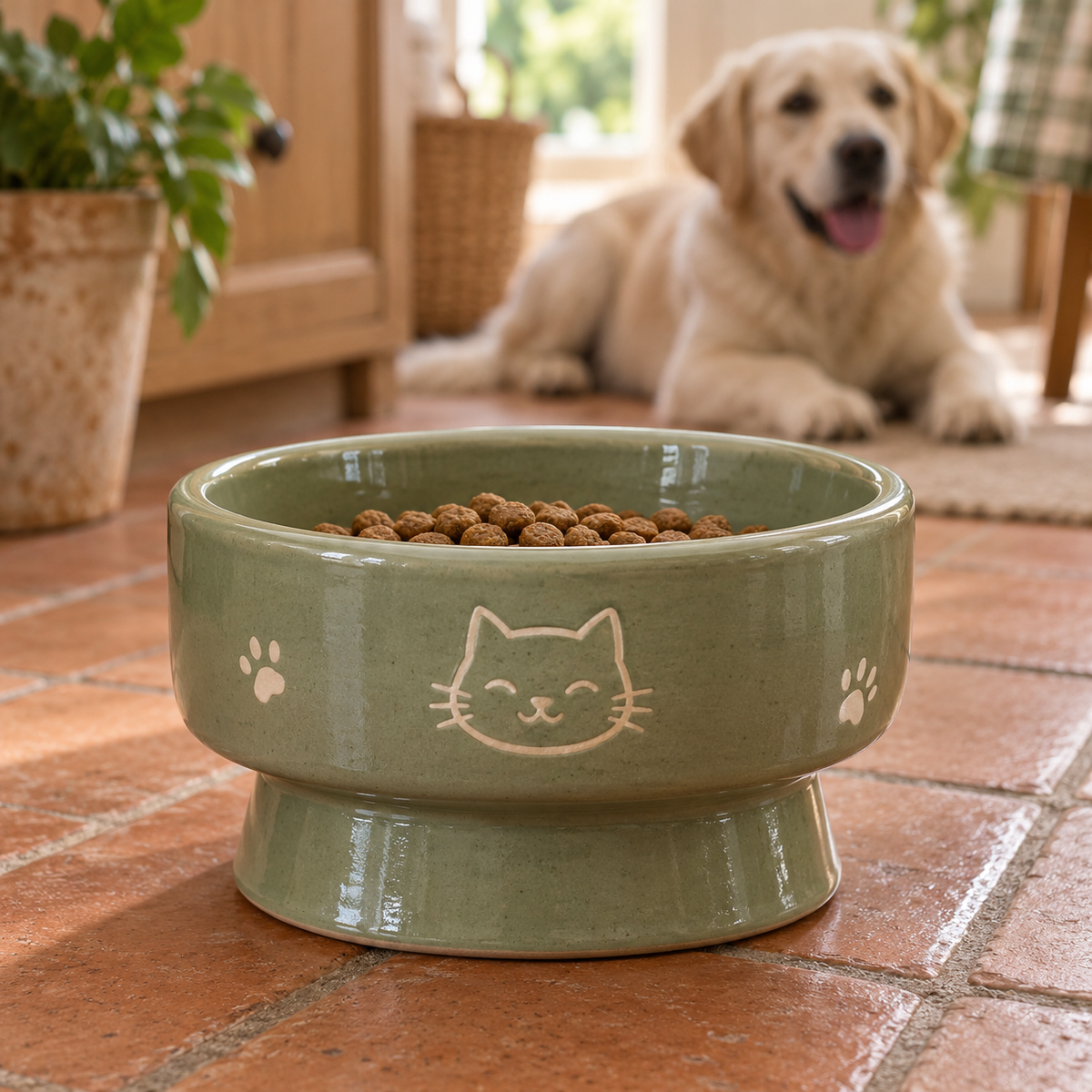 Sage Cat Ceramic Pedestal Bowl with decorative pet motifs; AI-generated design illustration