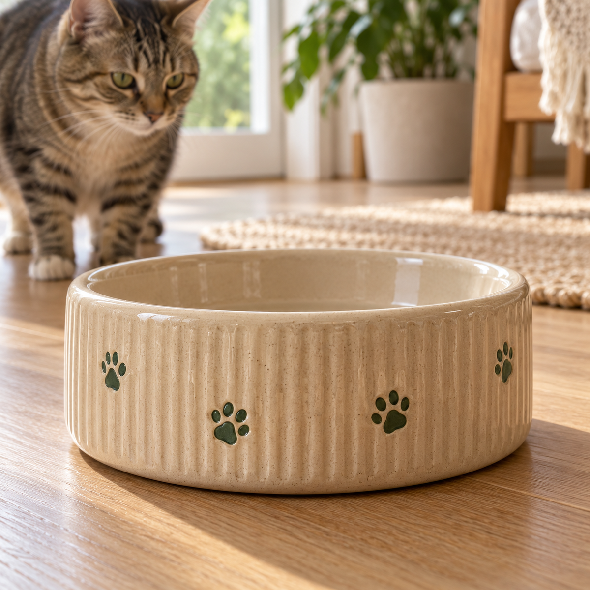 Sand Trail Ceramic Dog Bowl with decorative pet motifs; AI-generated design illustration