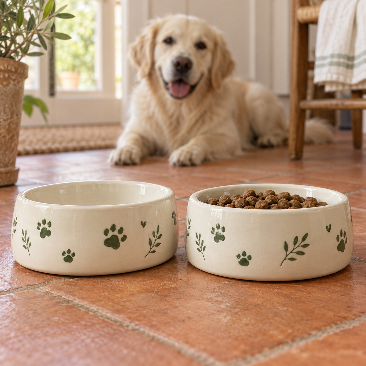 Ivory Paw Ceramic Bowl Pair with decorative pet motifs; AI-generated design illustration