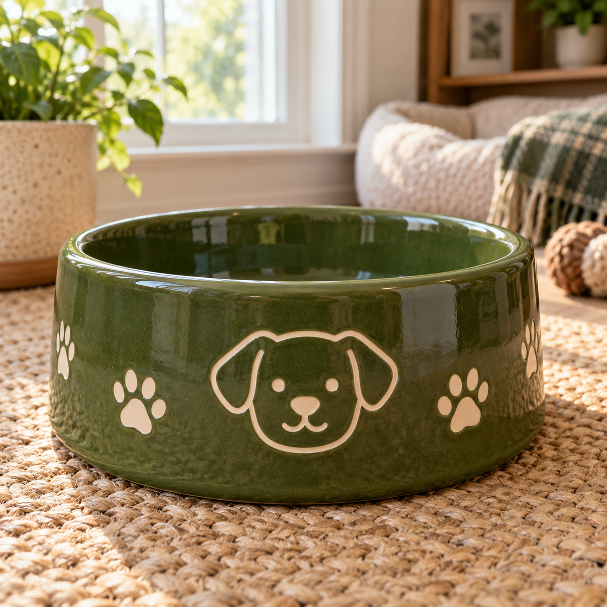 Olive Hound Ceramic Dog Bowl with decorative pet motifs; AI-generated design illustration