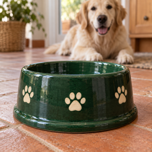 Pine Paw Ceramic Dog Bowl with decorative pet motifs; AI-generated design illustration