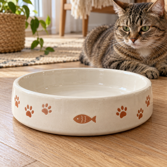 Ivory Whisker Ceramic Cat Dish with decorative pet motifs; AI-generated design illustration