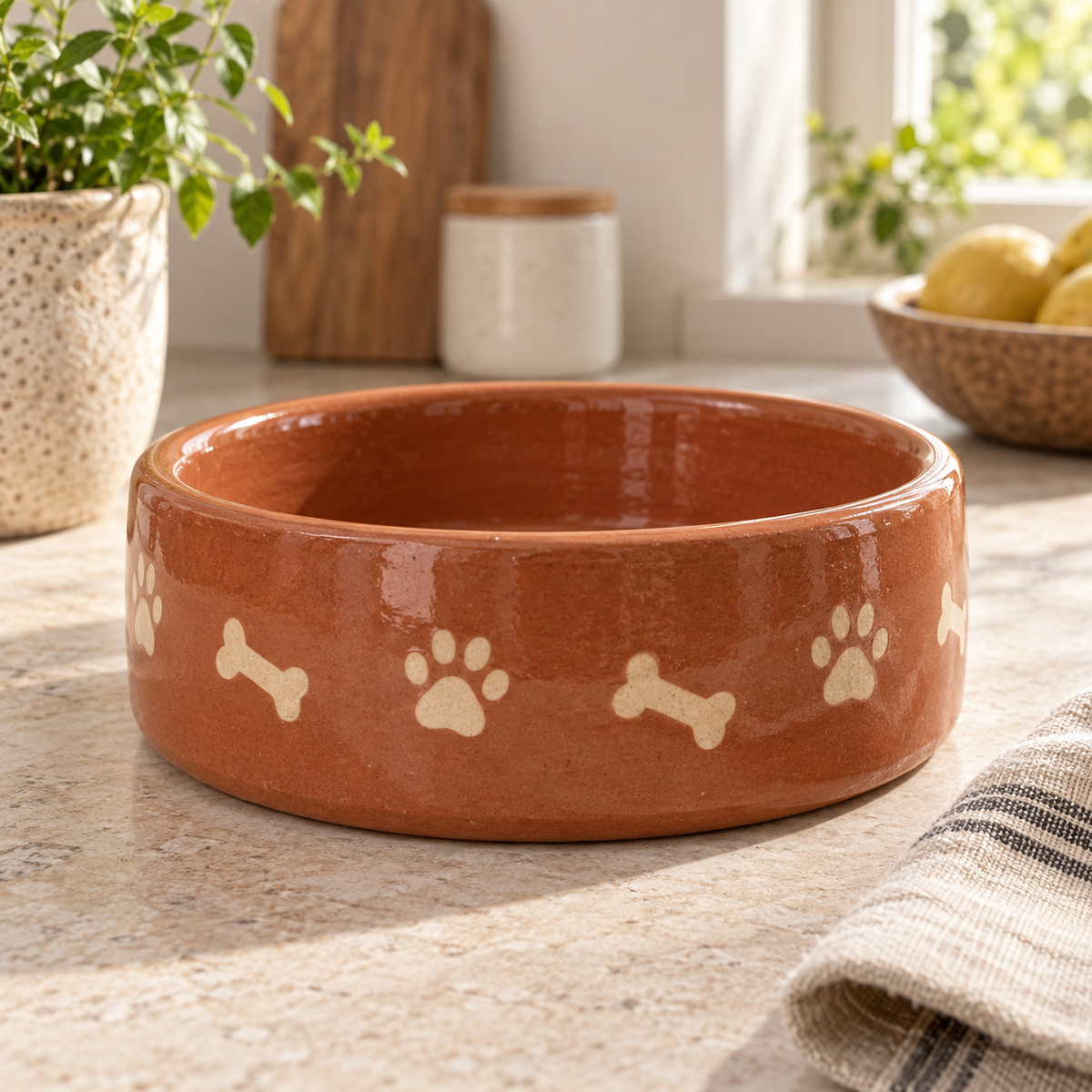 Clay Bone Ceramic Dog Bowl with decorative pet motifs; AI-generated design illustration