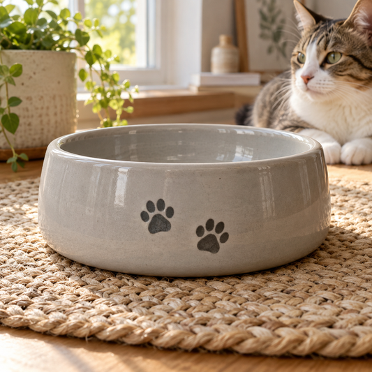 Pebble Paws Ceramic Cat Bowl with decorative pet motifs; AI-generated design illustration