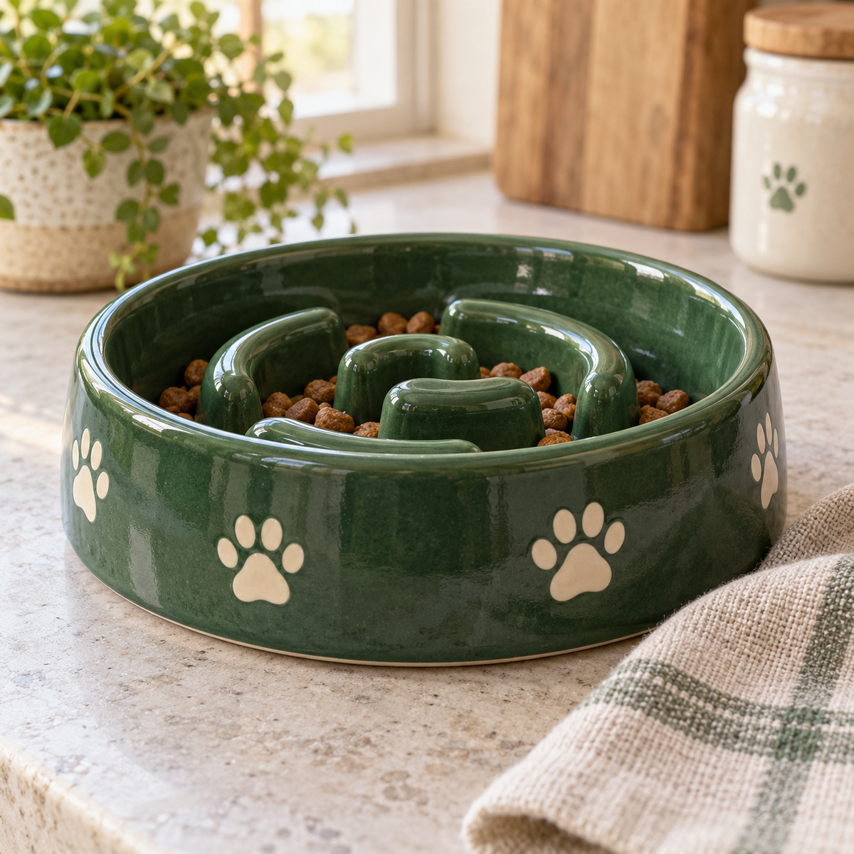 Pine Paw Maze Ceramic Bowl with decorative pet motifs; AI-generated design illustration