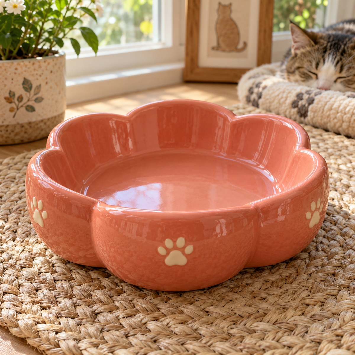 Coral Petal Ceramic Cat Dish with decorative pet motifs; AI-generated design illustration