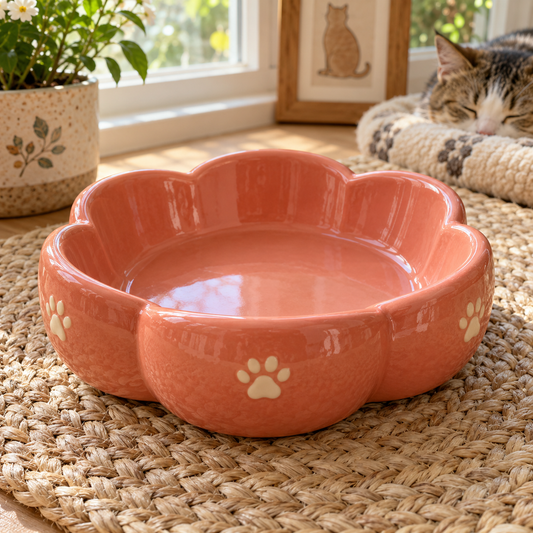 Coral Petal Ceramic Cat Dish with decorative pet motifs; AI-generated design illustration