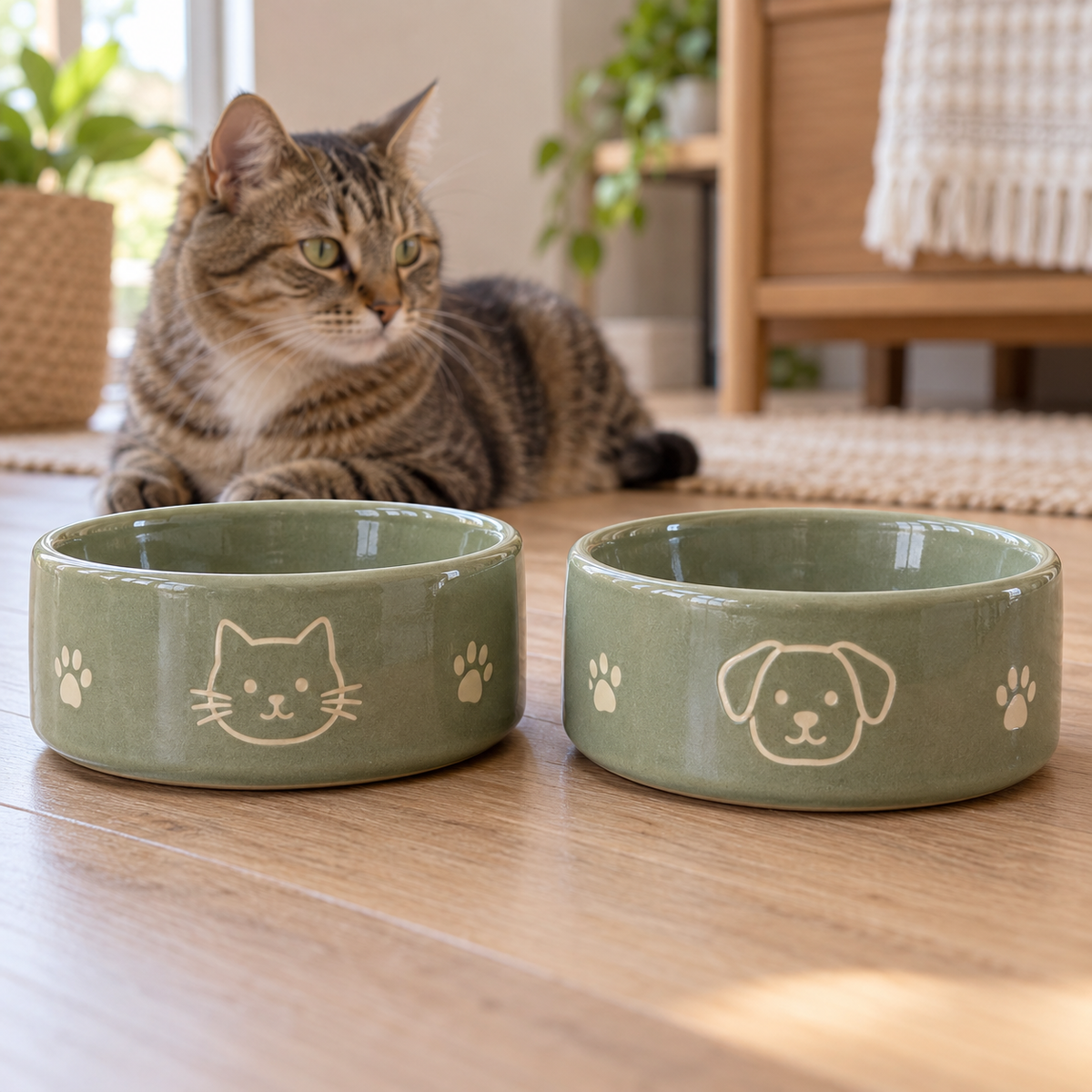 Meadow Friends Ceramic Bowl Pair with decorative pet motifs; AI-generated design illustration