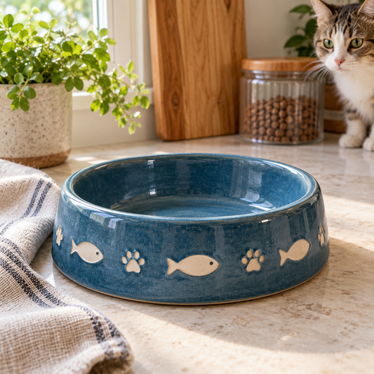 Ocean Fish Ceramic Cat Dish with decorative pet motifs; AI-generated design illustration